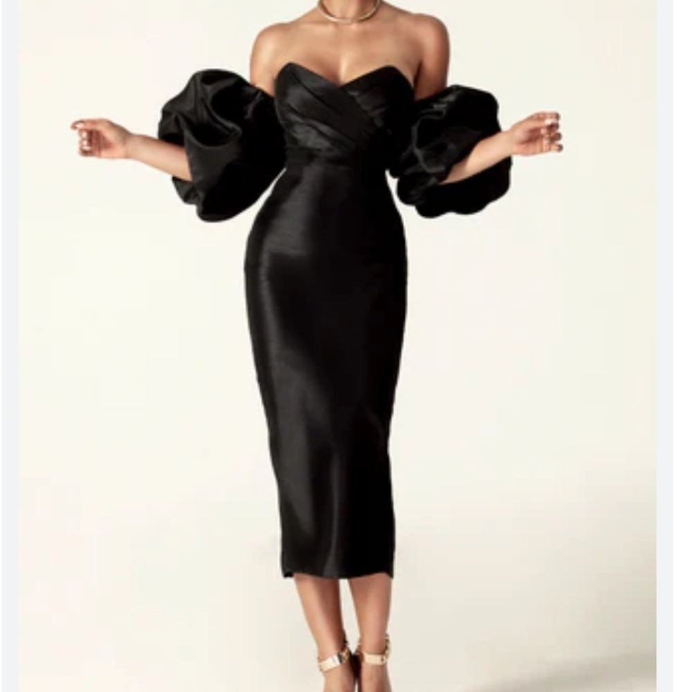 Alieva Tiffany Dupioni Puff Sleeve Dress Black Silk Sweetheart Formal L NEW